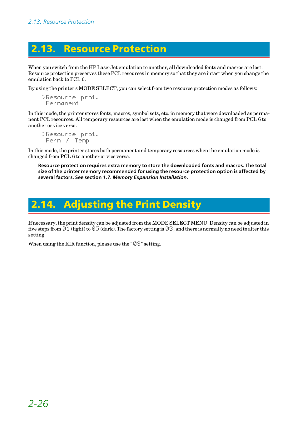 Resource protection, Adjusting the print density | Kyocera FS-1200 User Manual | Page 70 / 119