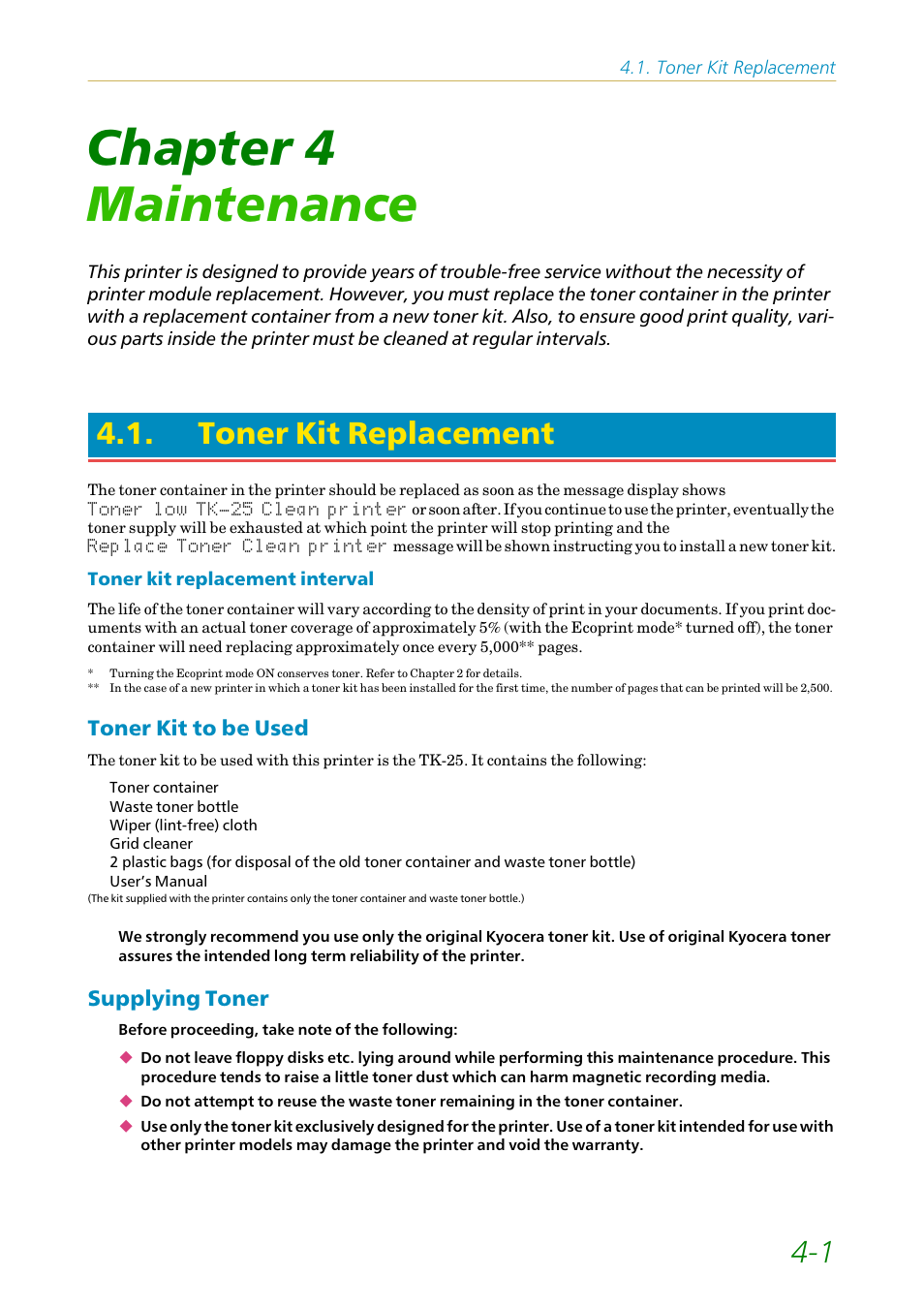 Chapter 4 maintenance, Toner kit replacement, Toner kit to be used | Supplying toner, Chapter 4, Maintenance, Toner kit to be used -1 supplying toner -1, E section 4.1 | Kyocera FS-1200 User Manual | Page 78 / 119