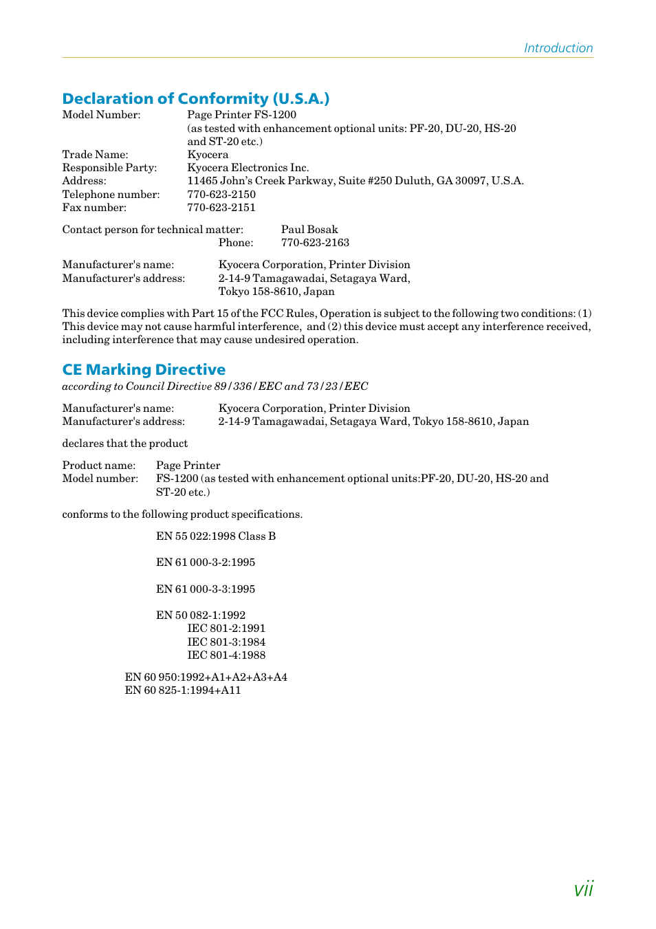 Declaration of conformity (u.s.a.), Ce marking directive | Kyocera FS-1200 User Manual | Page 8 / 119