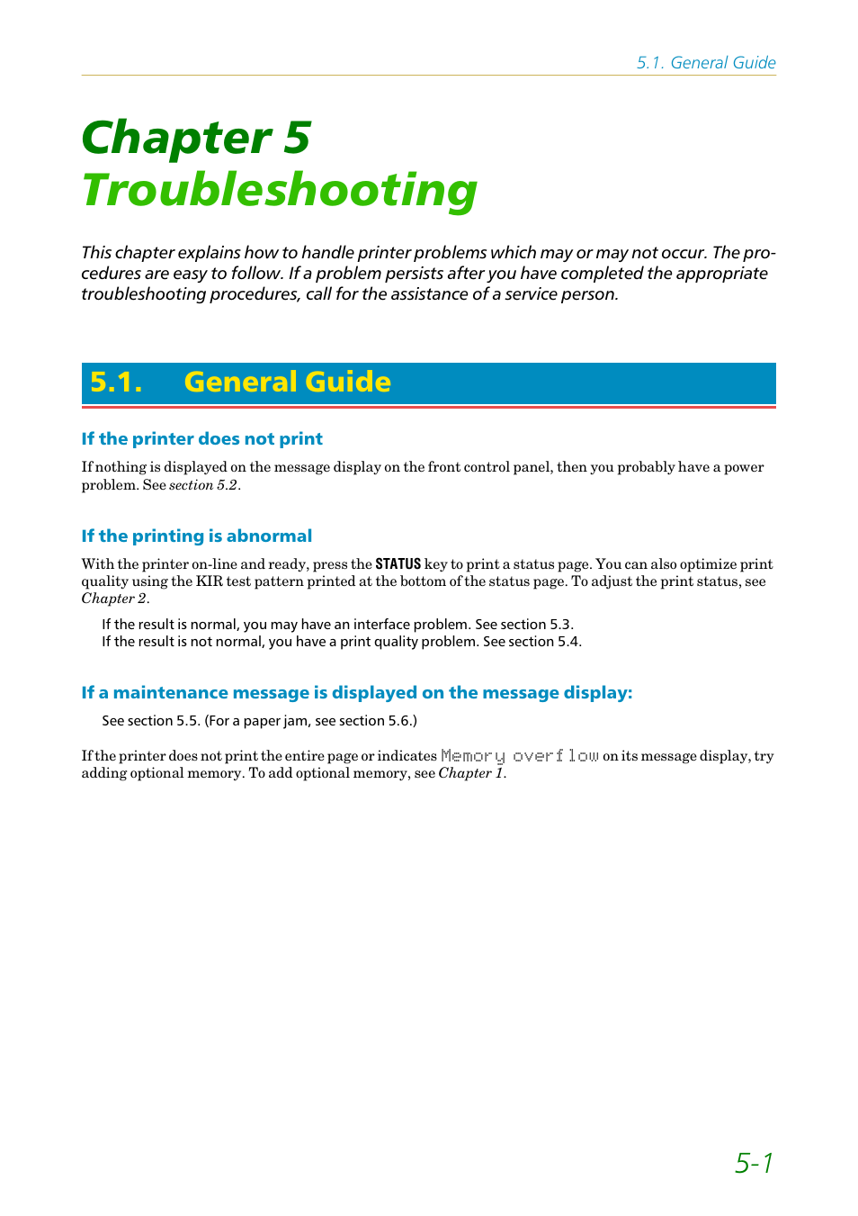 Chapter 5 troubleshooting, General guide, Chapter 5 | Troubleshooting | Kyocera FS-1200 User Manual | Page 86 / 119