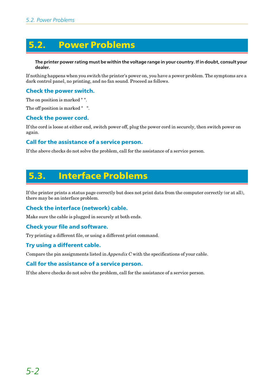 Power problems, Interface problems, E section 5.2 | E section 5.3, 2 5.2. power problems | Kyocera FS-1200 User Manual | Page 87 / 119