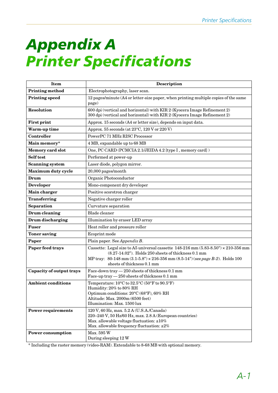 Appendix a printer specifications, Appendix a, Printer specifications | Kyocera FS-1200 User Manual | Page 99 / 119