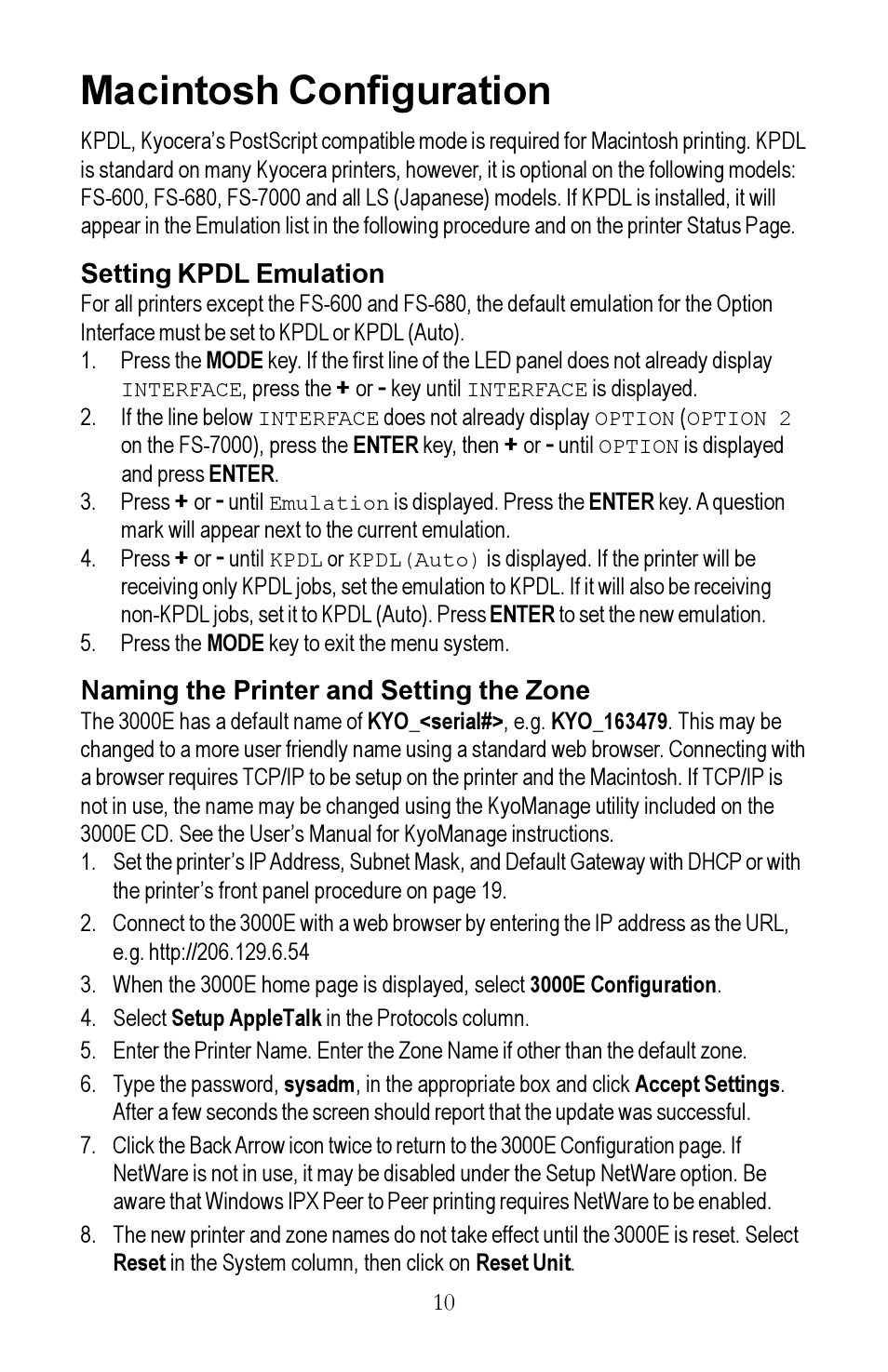 Macintosh configuration | Kyocera EcoLAN 3000E User Manual | Page 10 / 20