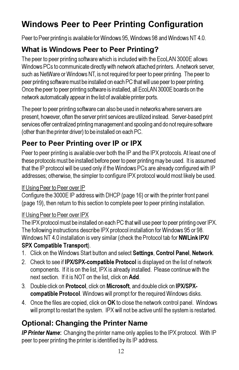 Windows peer to peer printing configuration | Kyocera EcoLAN 3000E User Manual | Page 12 / 20