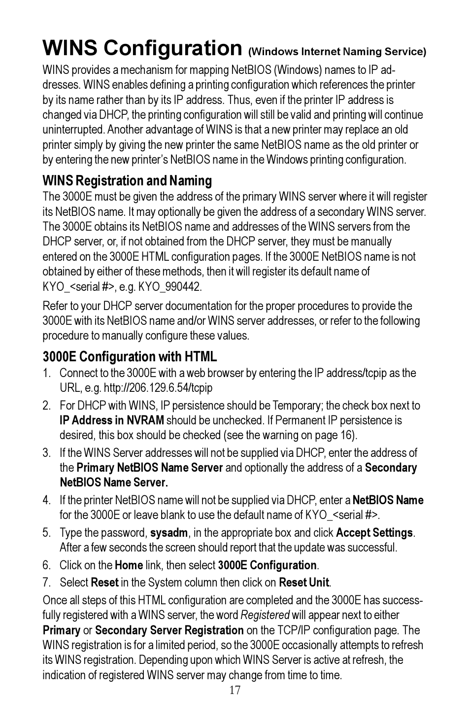 Wins configuration, Windows internet naming service) | Kyocera EcoLAN 3000E User Manual | Page 17 / 20