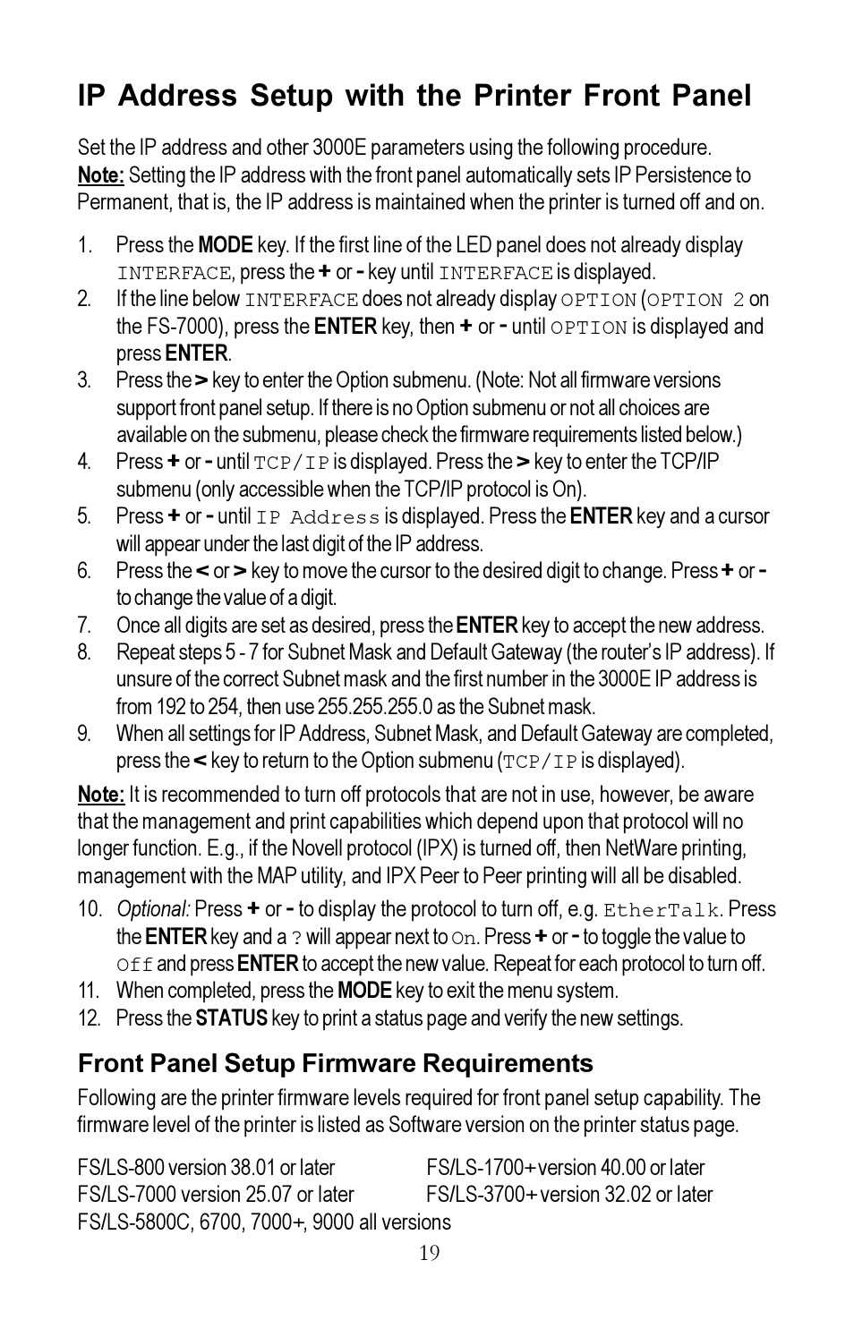 Ip address setup with the printer front panel | Kyocera EcoLAN 3000E User Manual | Page 19 / 20