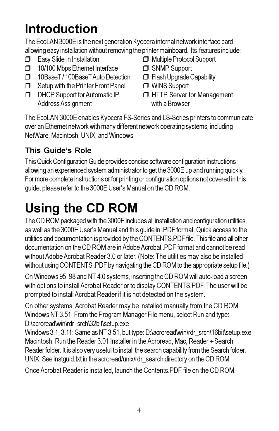 Introduction, Using the cd rom | Kyocera EcoLAN 3000E User Manual | Page 4 / 20