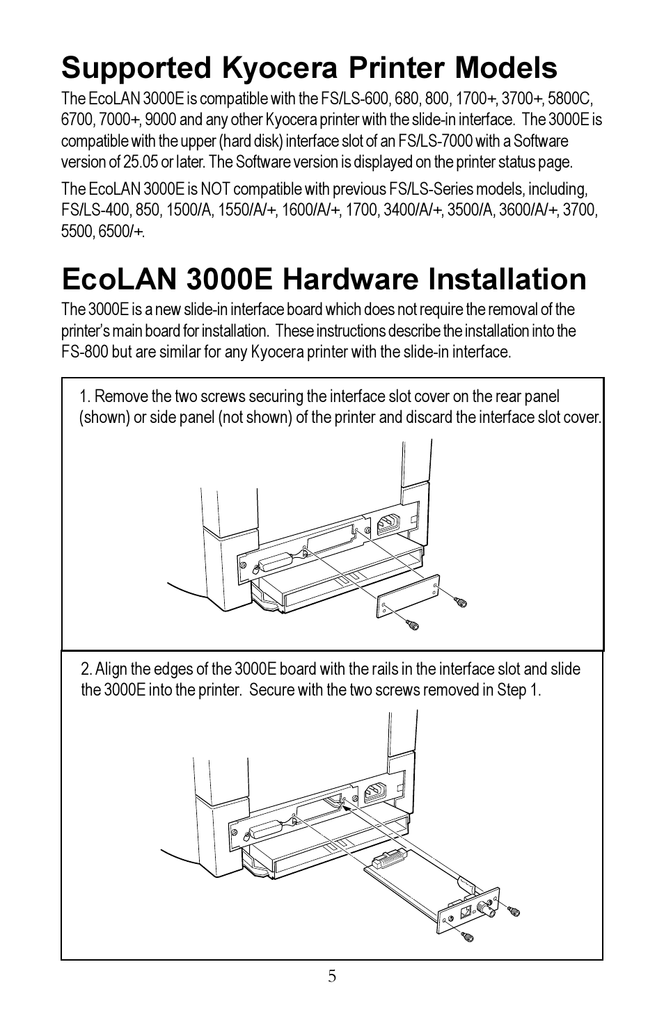Supported kyocera printer models, Ecolan 3000e hardware installation | Kyocera EcoLAN 3000E User Manual | Page 5 / 20