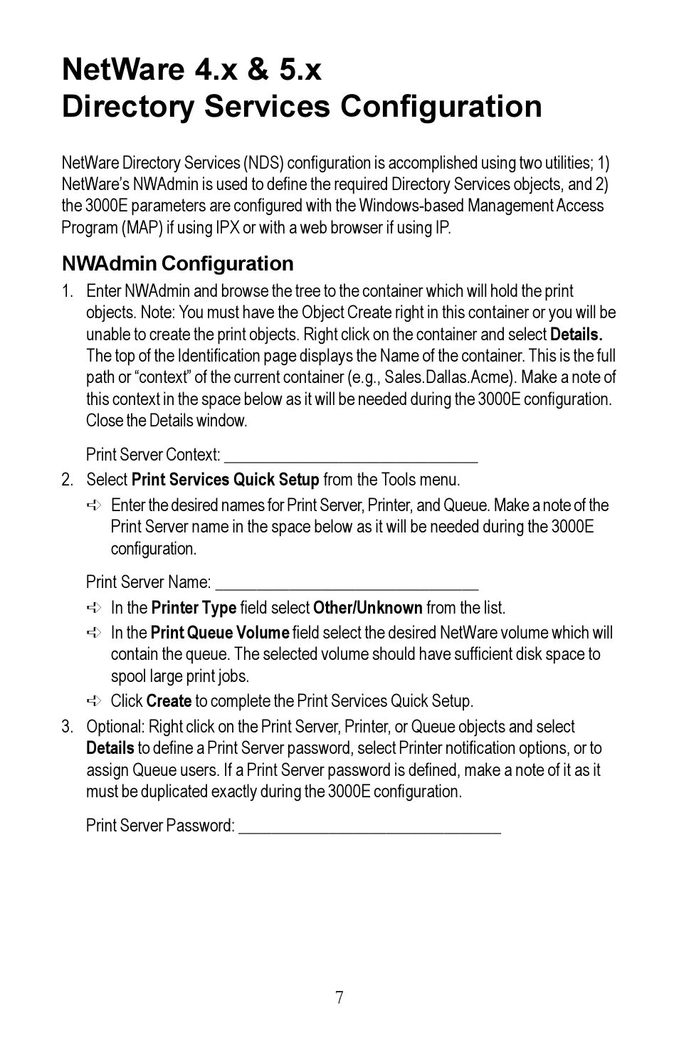 Netware 4.x & 5.x, Directory services configuration, Netware 4.x & 5.x directory services configuration | Kyocera EcoLAN 3000E User Manual | Page 7 / 20