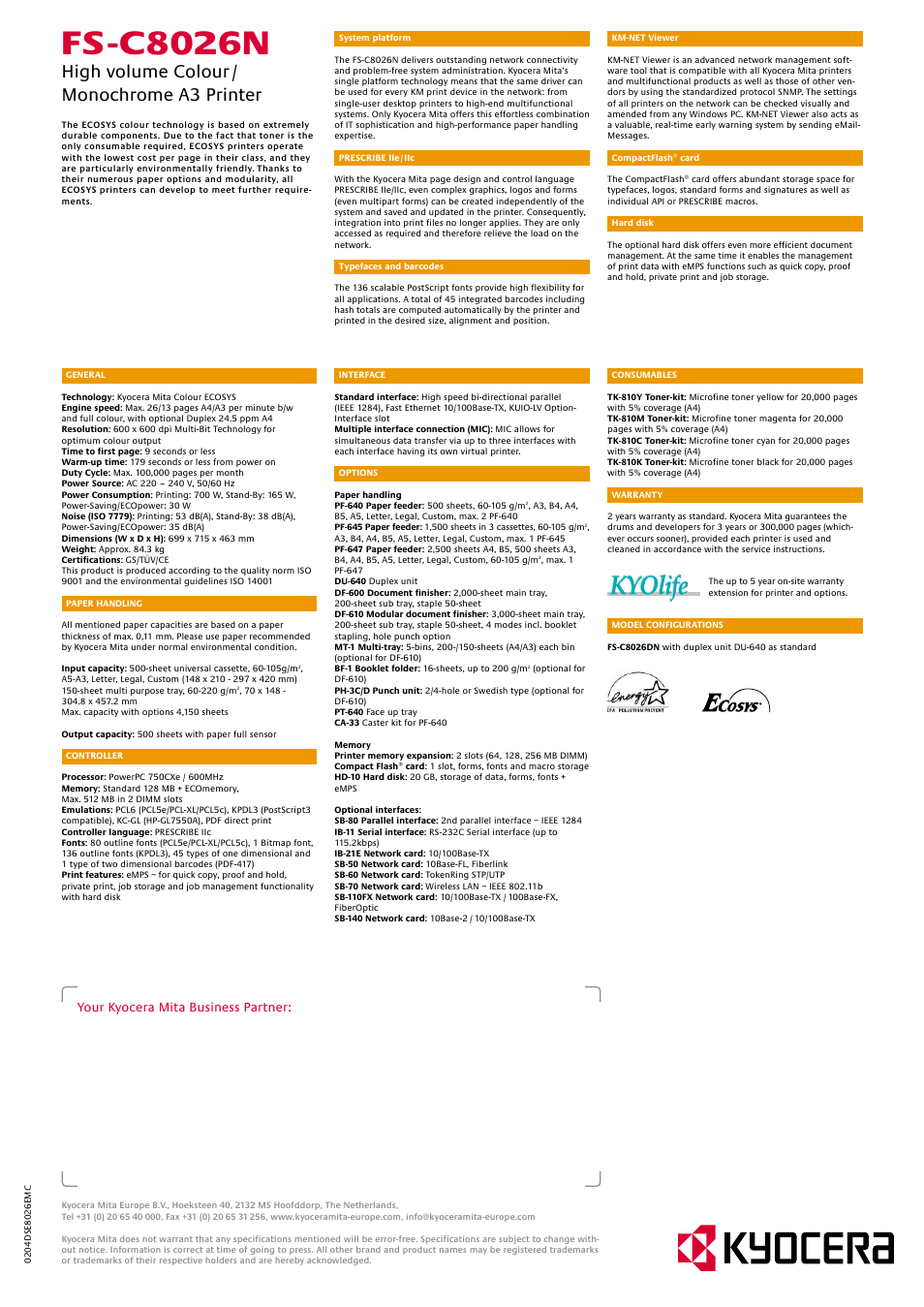 Fs -c8026n, High volume colour / monochrome a3 printer, Your kyocera mita business partner | Kyocera FS-C8026N User Manual | Page 2 / 2