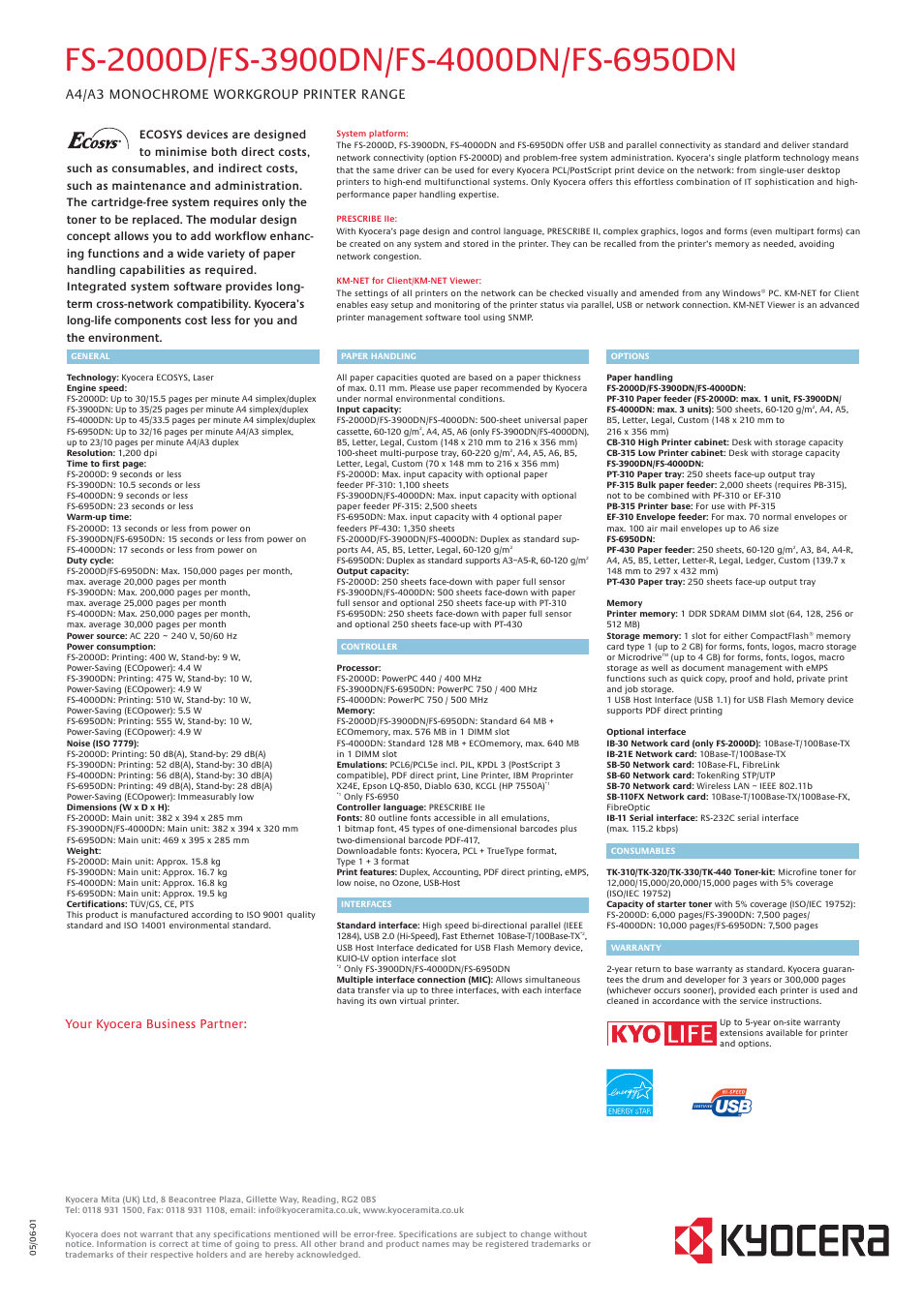 A4/a3 monochrome workgroup printer range, Your kyocera business partner | Kyocera FS 2000D User Manual | Page 8 / 8