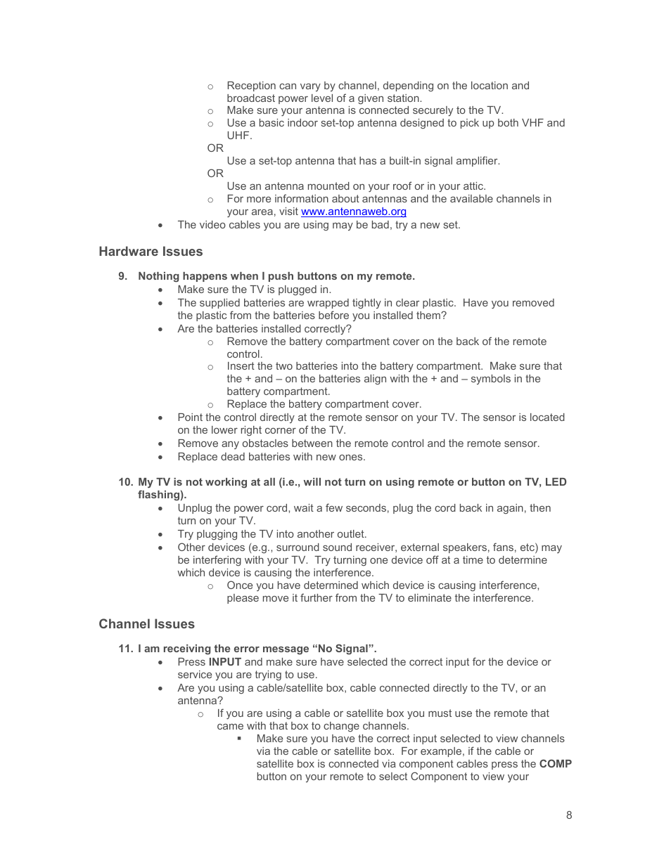 Hardware issues, Channel issues | Kyocera NS-L37Q-10A User Manual | Page 8 / 12