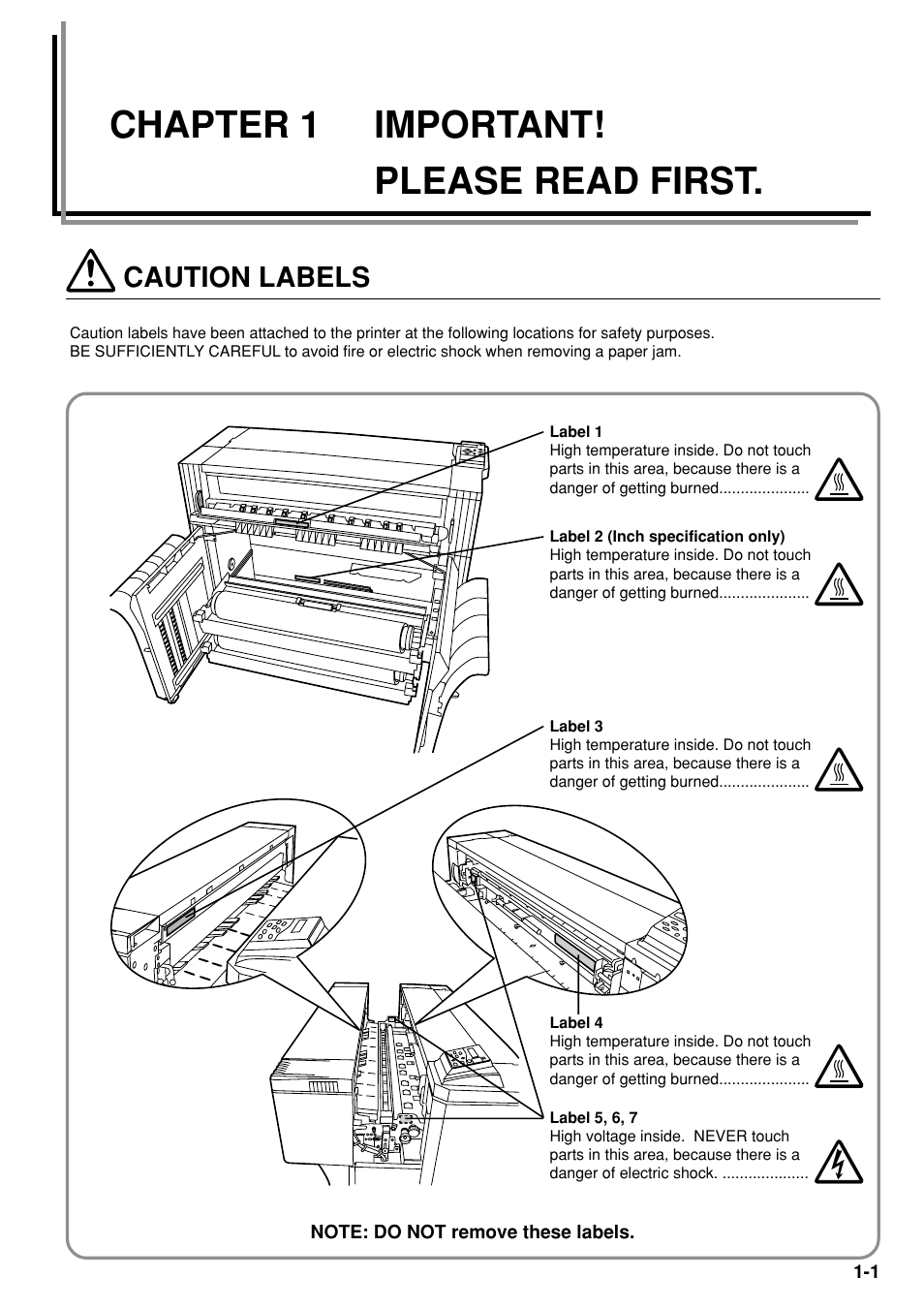 Chapter 1 important! please read first, Caution labels, Chapter 1 | Important! please read first -1, Caution labels -1 | Kyocera KM-P4850w User Manual | Page 9 / 68