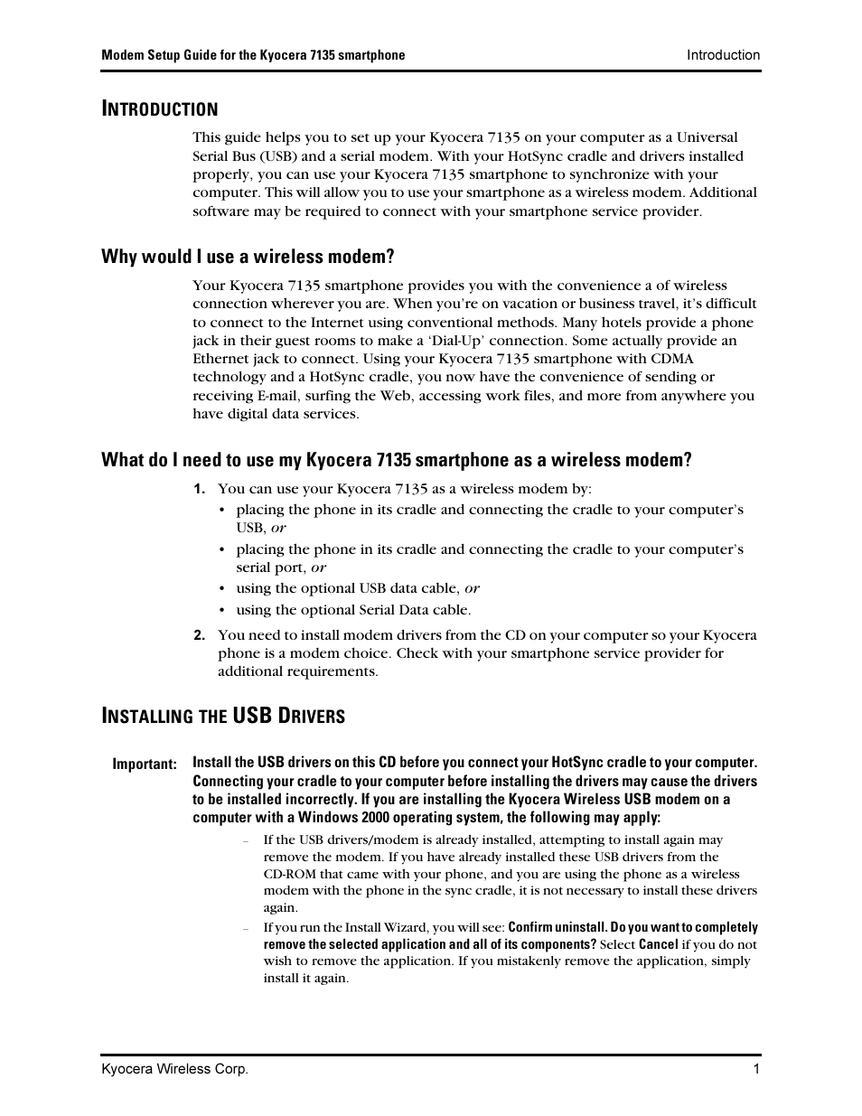 Introduction, Why would i use a wireless modem, Installing the usb drivers | Rp_=a, Tьу=пзмдз=f=млй=~=пбкйдйлл=гззйг | Kyocera 7135 Smartphone User Manual | Page 3 / 12