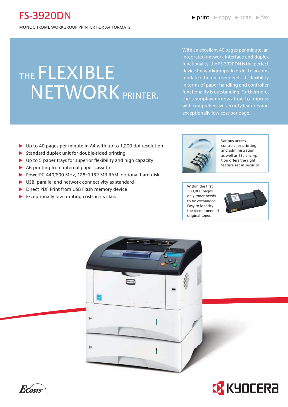 Kyocera Monochrome Workgroup Printer For A4 Formats FS-3920DN User Manual | 2 pages