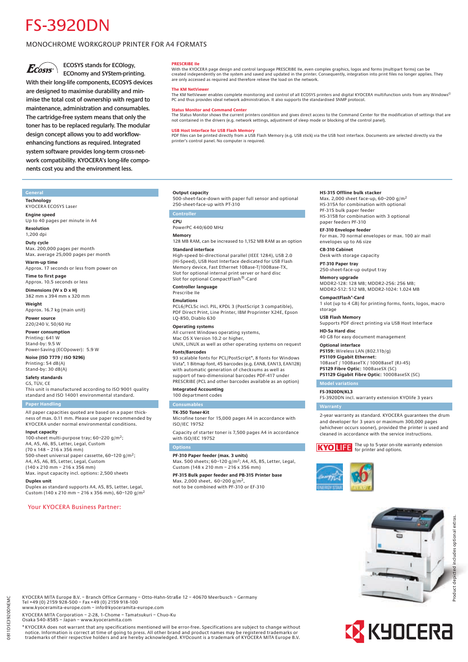 Fs-3920dn, Monochrome workgroup printer for a4 formats | Kyocera Monochrome Workgroup Printer For A4 Formats FS-3920DN User Manual | Page 2 / 2