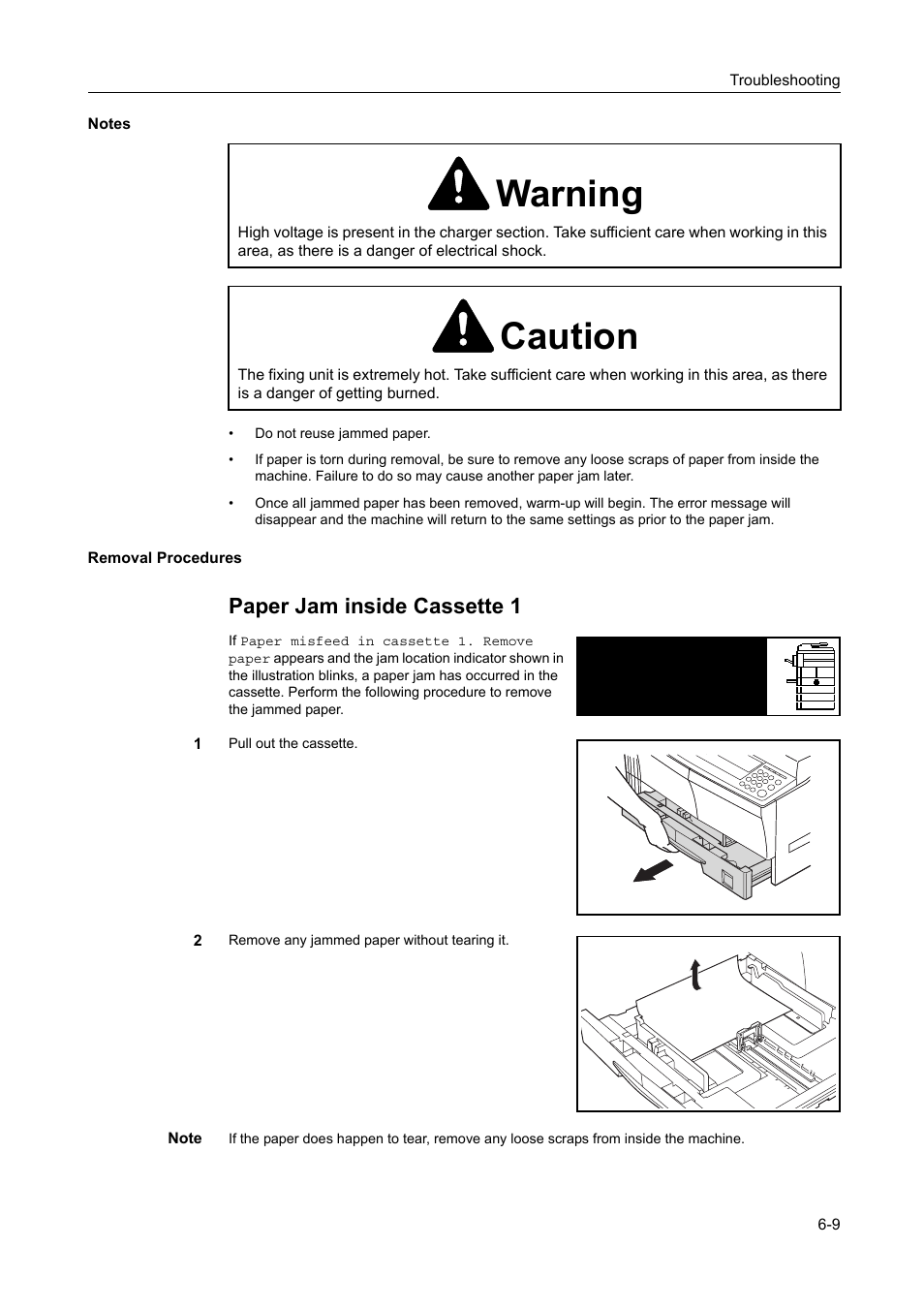 Notes -9 removal procedures -9, Warning, Caution | Paper jam inside cassette 1 | Kyocera 1650 User Manual | Page 115 / 140