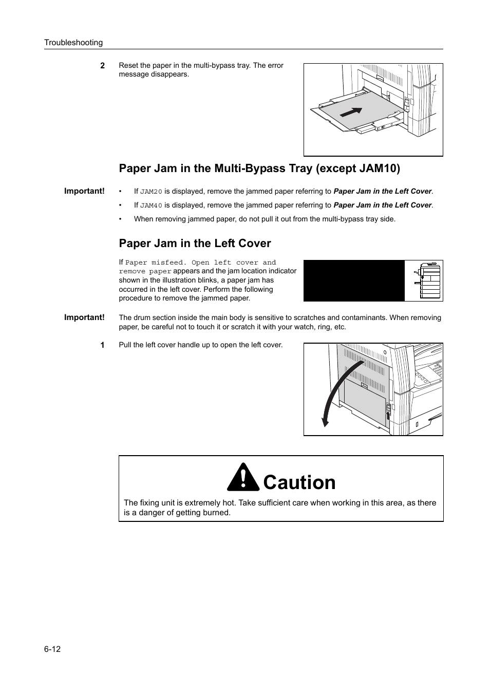 Caution, Paper jam in the multi-bypass tray (except jam10), Paper jam in the left cover | Kyocera 1650 User Manual | Page 118 / 140