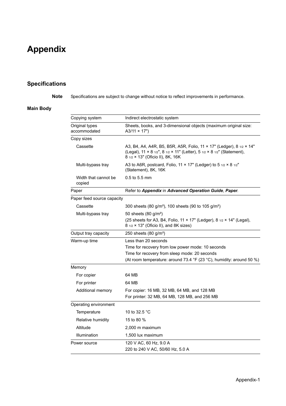 Appendix, Specifications | Kyocera 1650 User Manual | Page 125 / 140