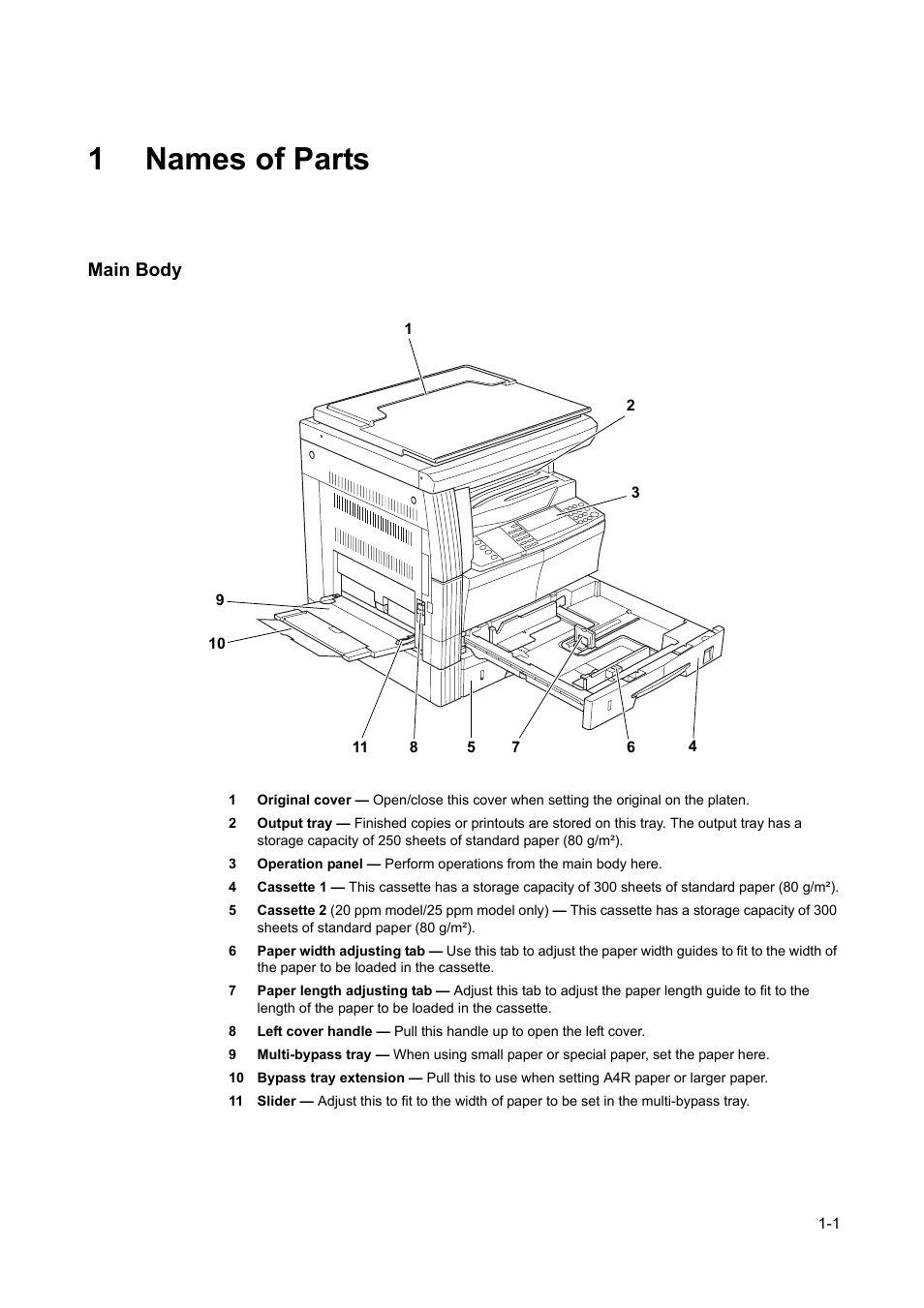 1 names, Parts, Main body -1 | A america, inc. an, 1names of parts | Kyocera 1650 User Manual | Page 25 / 140