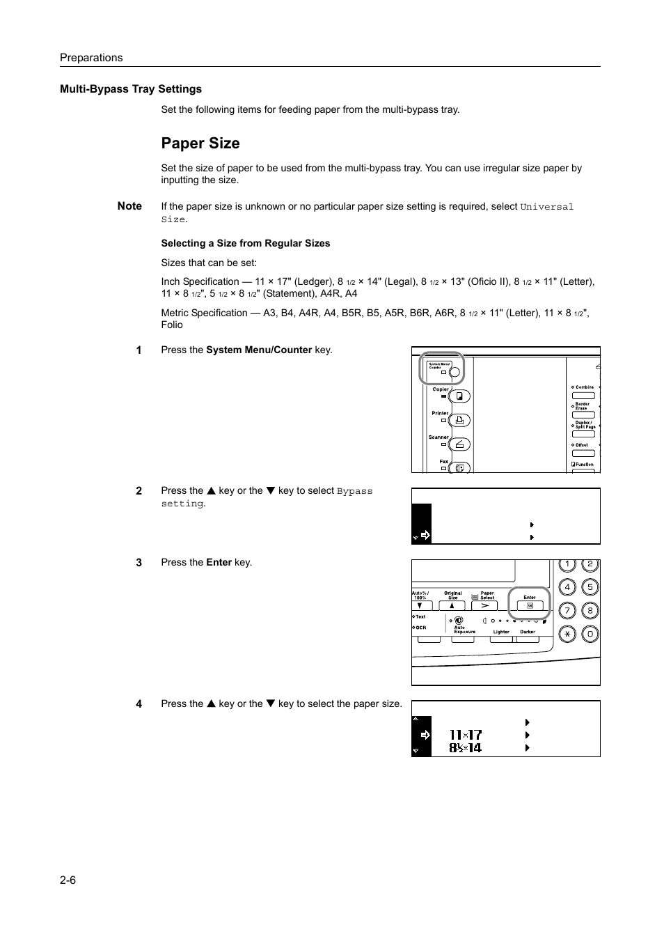 Multi-bypass tray settings -6, Paper size | Kyocera 1650 User Manual | Page 38 / 140