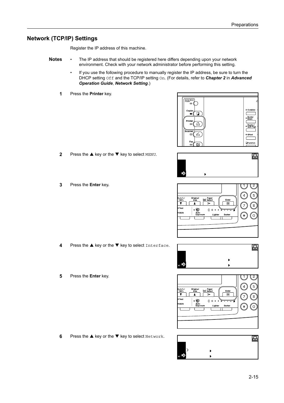 Network (tcp/ip) settings -15, Network (tcp/ip) settings | Kyocera 1650 User Manual | Page 47 / 140