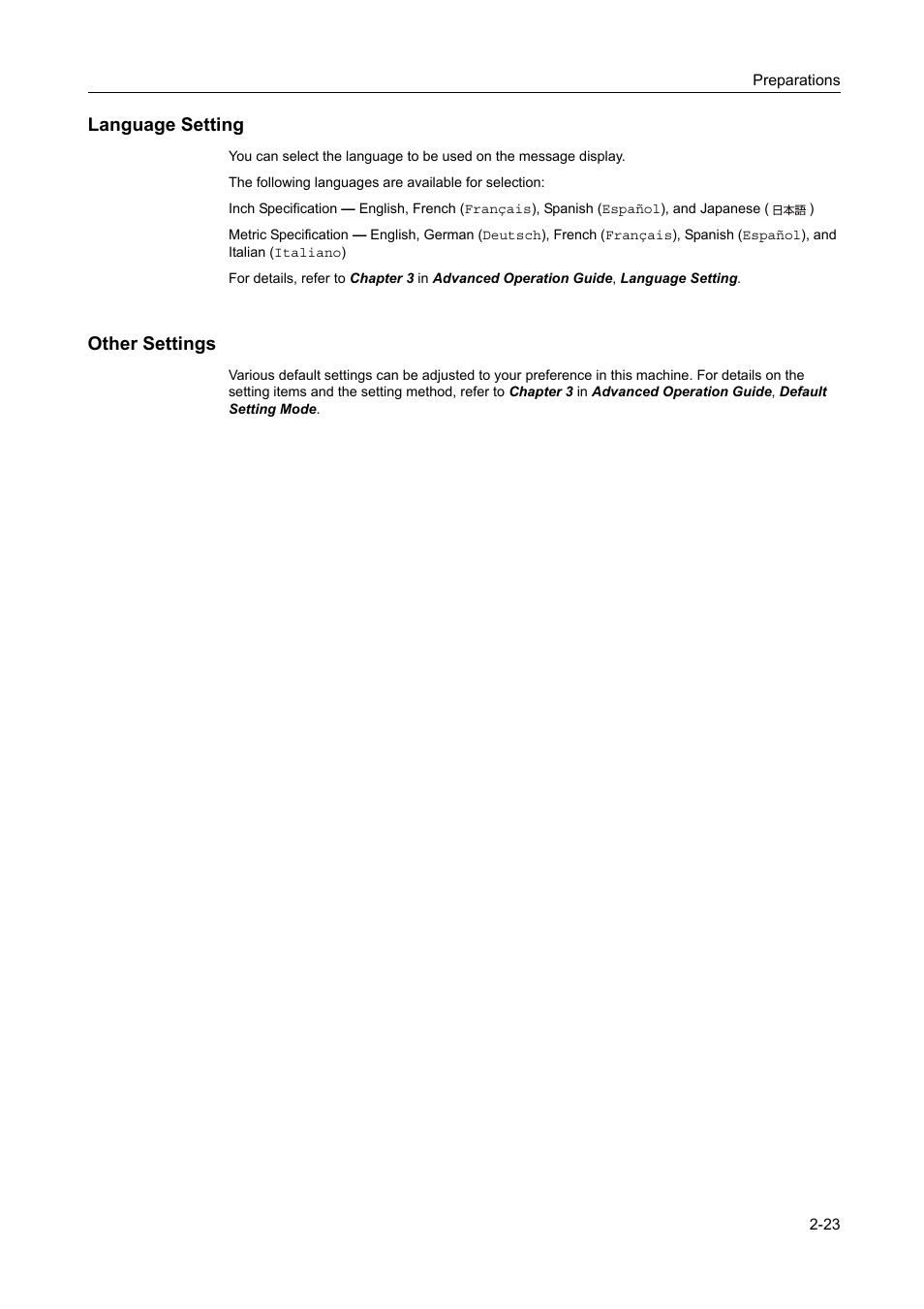 Language setting -23 other settings -23, Language setting, Other settings | Kyocera 1650 User Manual | Page 55 / 140