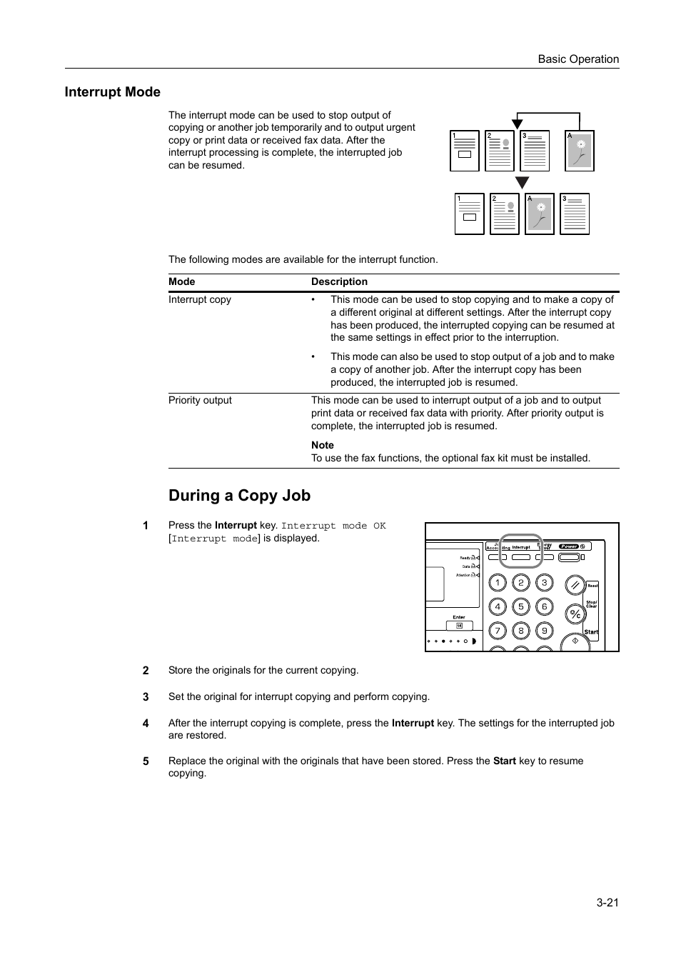 Interrupt mode -21, Interrupt mode, During a copy job | Kyocera 1650 User Manual | Page 77 / 140