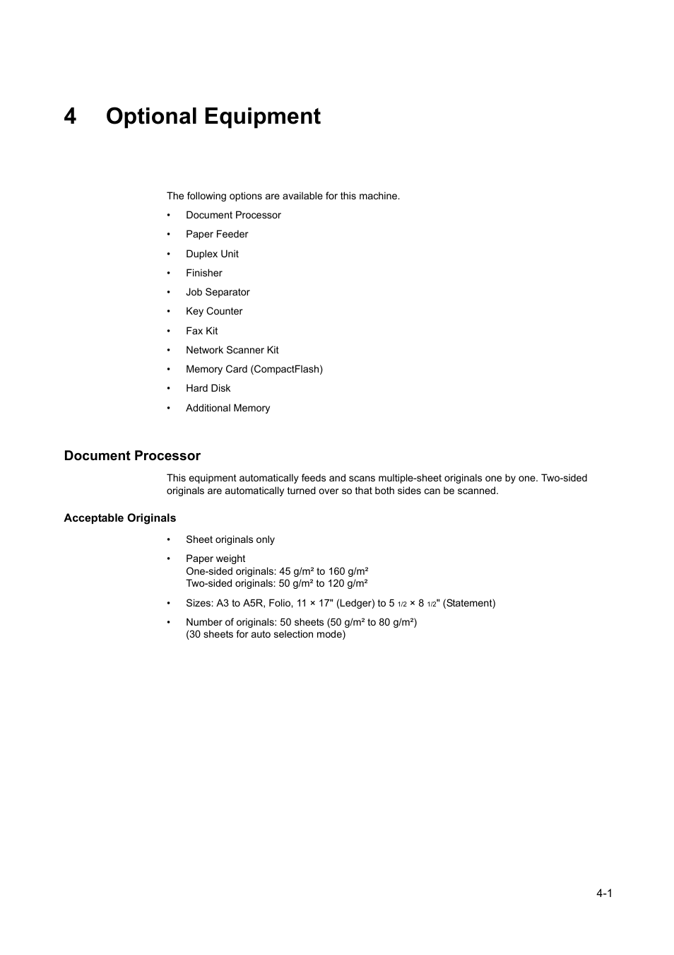 4 optional, Equipment, Document processor -1 | Acceptable originals -1, A mfp in the united s, 4optional equipment, Document processor | Kyocera 1650 User Manual | Page 83 / 140