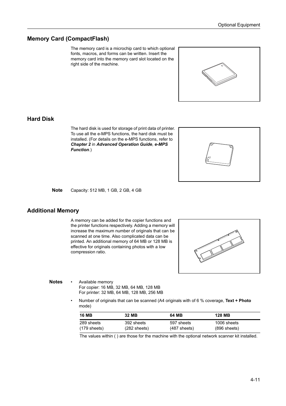 Memory card (compactflash), Hard disk, Additional memory | Kyocera 1650 User Manual | Page 93 / 140