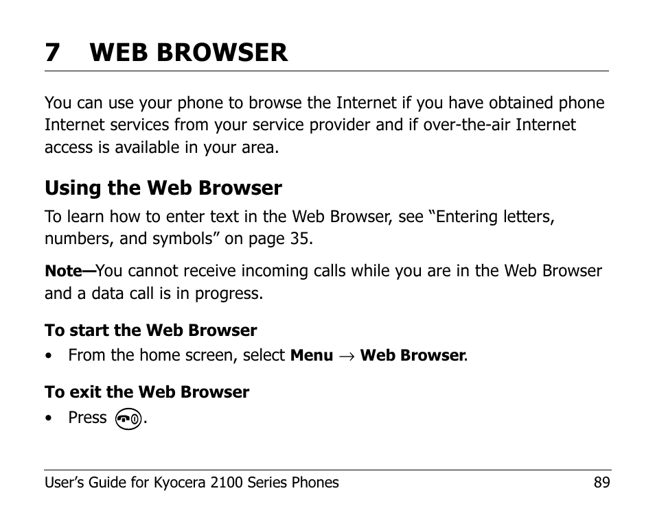 7web browser, Using the web browser | Kyocera 2100 Series User Manual | Page 109 / 123