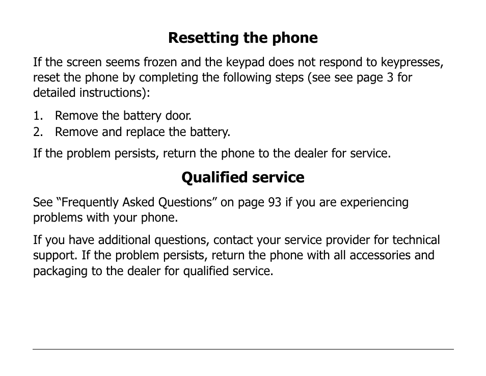 Resetting the phone, Qualified service | Kyocera 2100 Series User Manual | Page 12 / 123