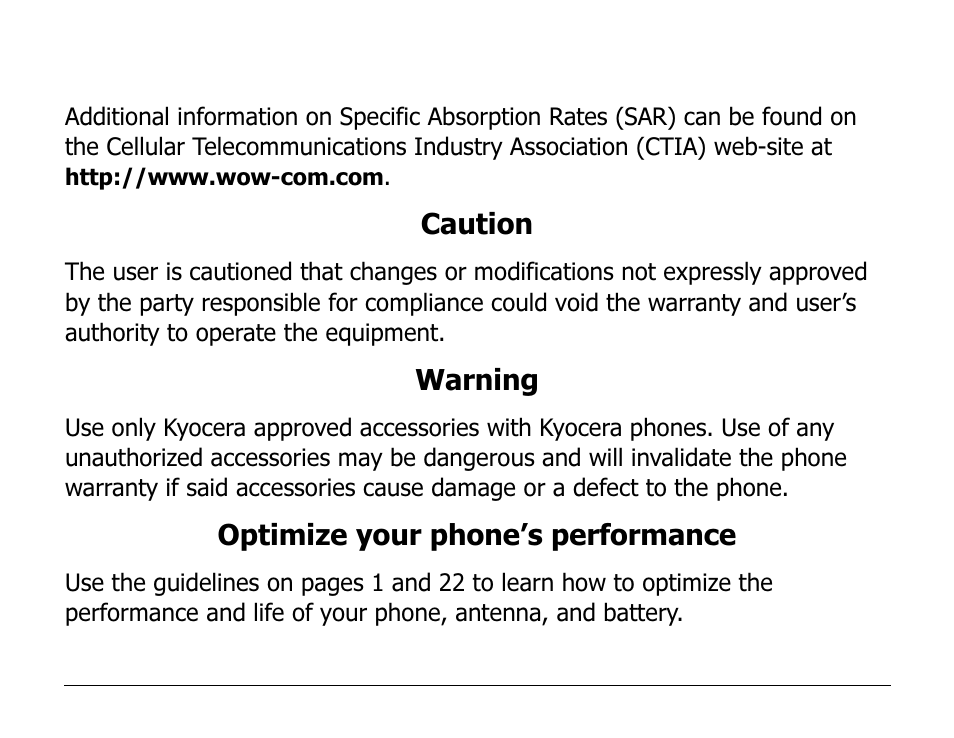 Caution, Warning, Optimize your phone’s performance | Kyocera 2100 Series User Manual | Page 8 / 123