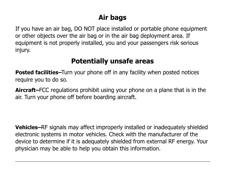 Air bags, Potentially unsafe areas | Kyocera 2100 Series User Manual | Page 9 / 123