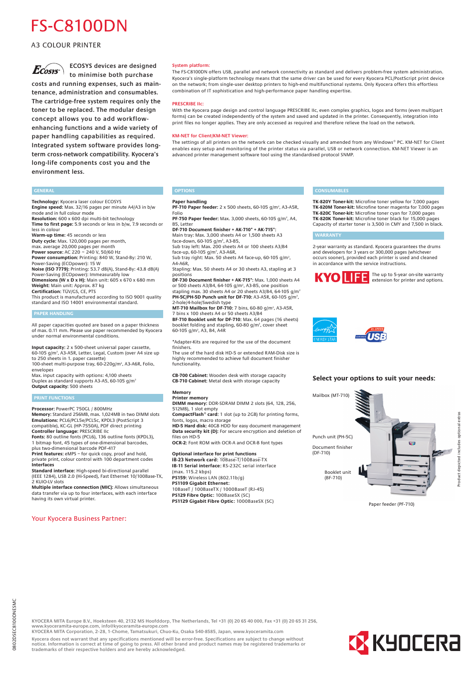 Fs-c8100dn, A3 colour printer, Your kyocera business partner | Select your options to suit your needs | Kyocera FS-C8100DN User Manual | Page 2 / 2