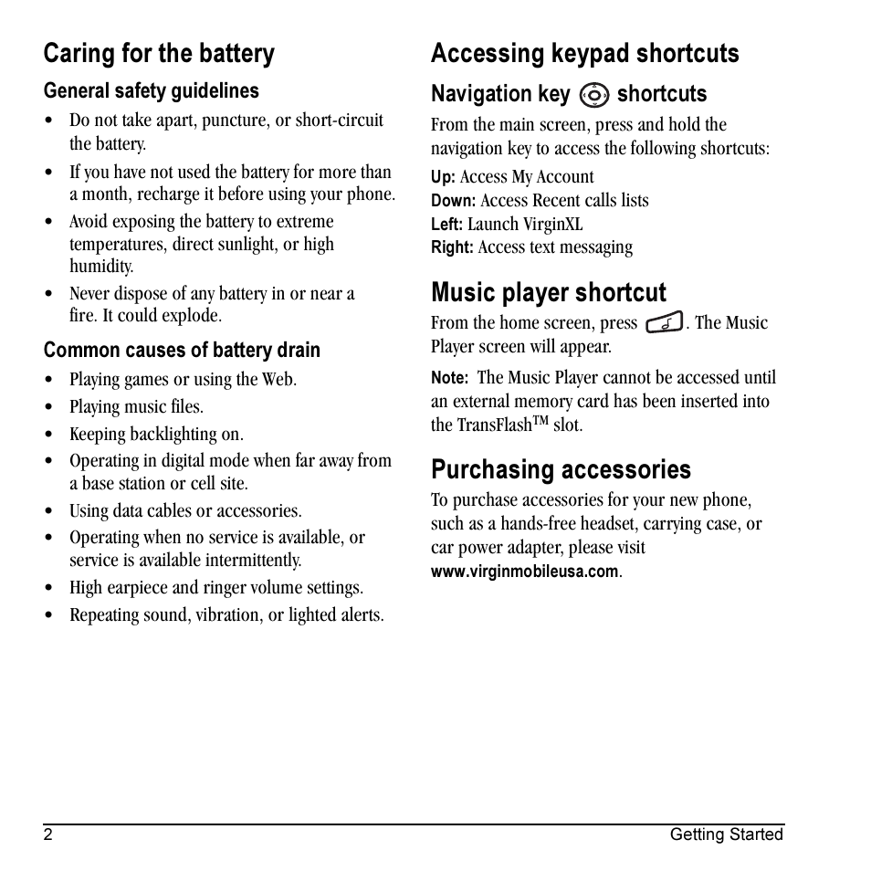 Caring for the battery, Accessing keypad shortcuts, Music player shortcut | Purchasing accessories, Navigation key shortcuts | Kyocera VMKX5C User Manual | Page 10 / 72