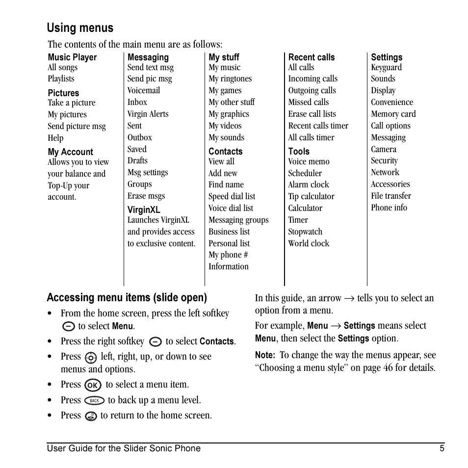 Using menus | Kyocera VMKX5C User Manual | Page 13 / 72