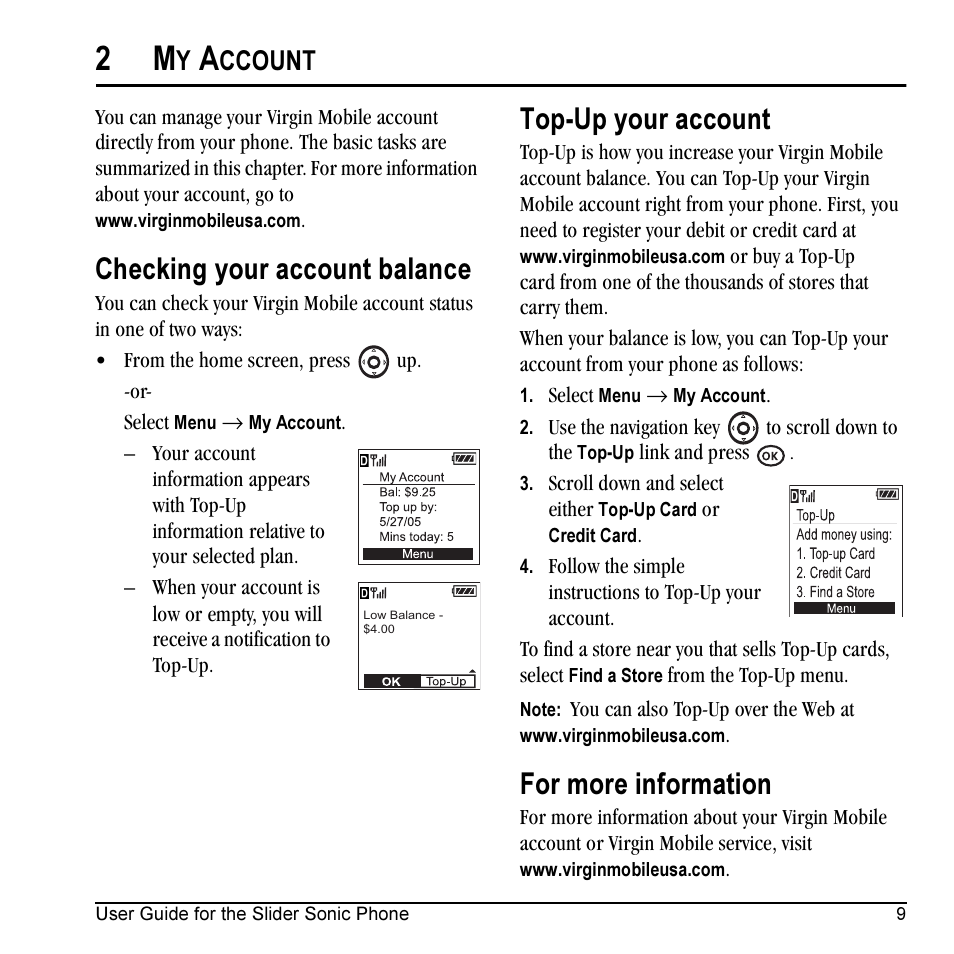 Checking your account balance, Top-up your account, For more information | Ccount | Kyocera VMKX5C User Manual | Page 17 / 72
