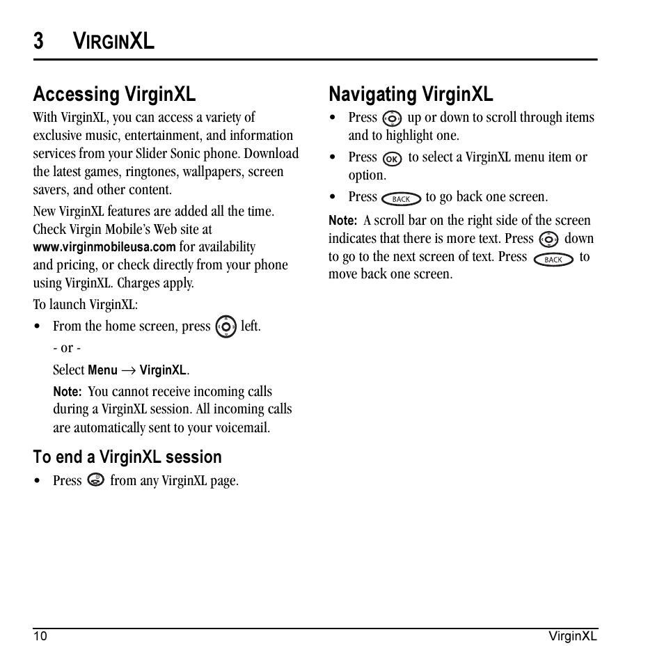 Accessing virginxl, Navigating virginxl, Irgin | Kyocera VMKX5C User Manual | Page 18 / 72