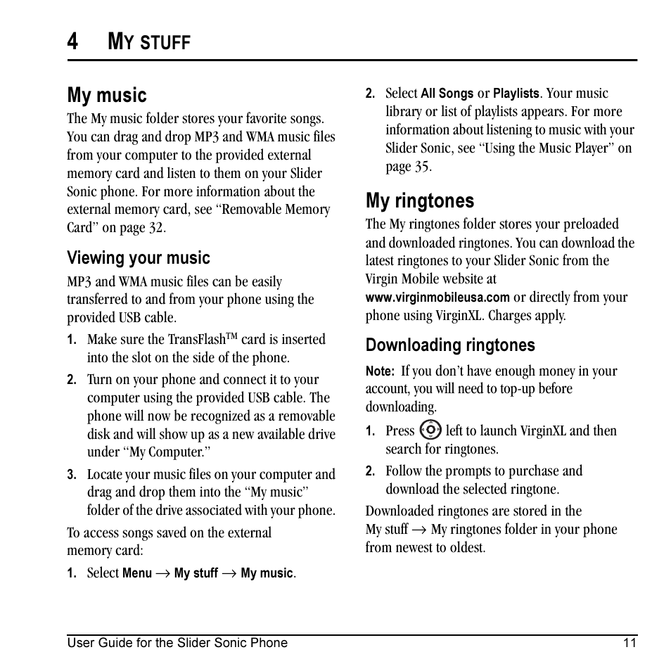 My music, My ringtones, Stuff | Viewing your music, Downloading ringtones | Kyocera VMKX5C User Manual | Page 19 / 72