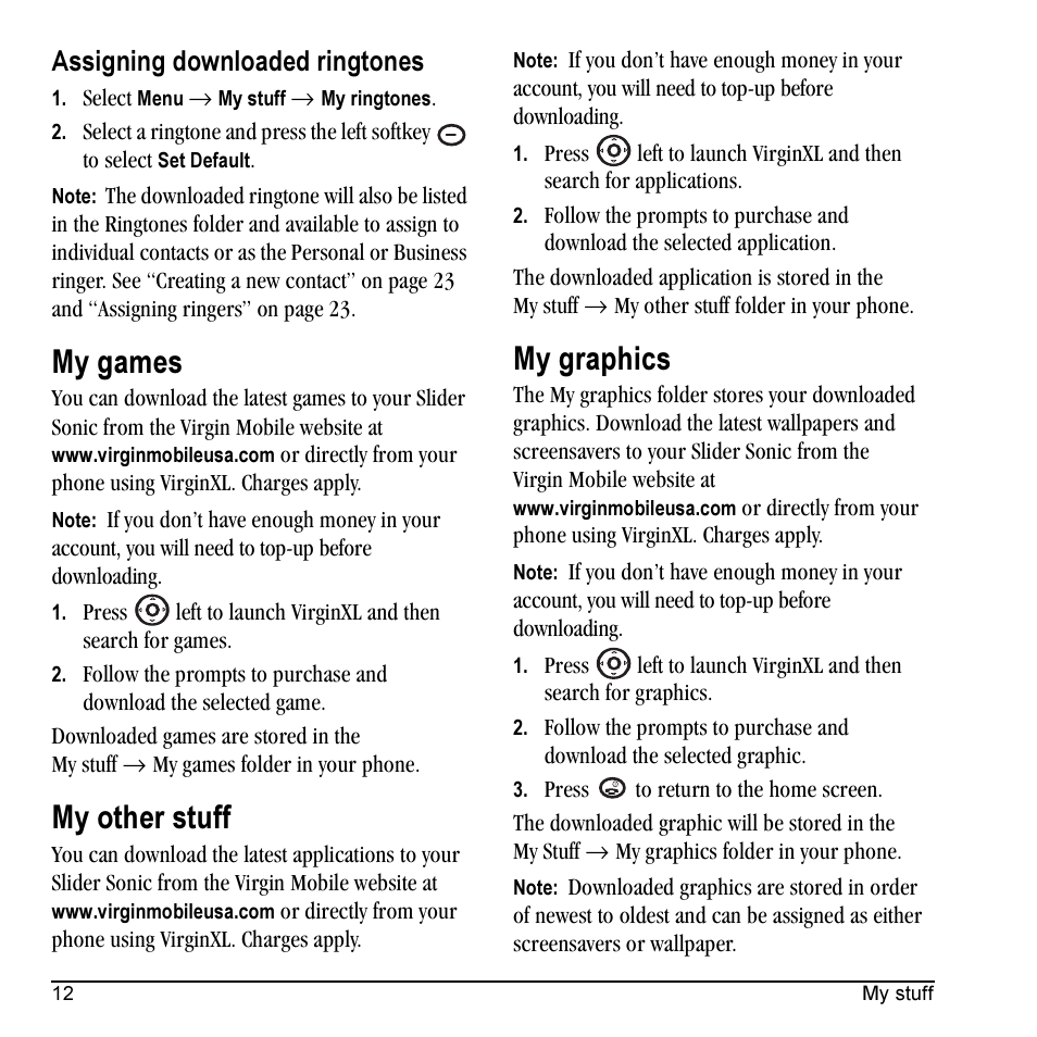 My games, My other stuff, My graphics | Assigning downloaded ringtones | Kyocera VMKX5C User Manual | Page 20 / 72