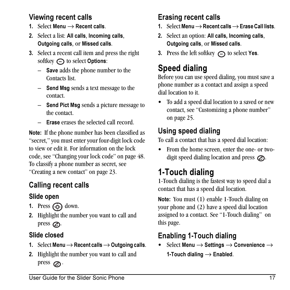 Speed dialing, Touch dialing, Viewing recent calls | Calling recent calls, Erasing recent calls, Using speed dialing, Enabling 1-touch dialing | Kyocera VMKX5C User Manual | Page 25 / 72