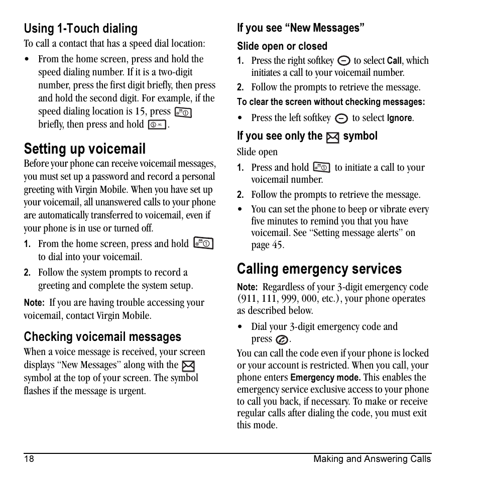 Setting up voicemail, Calling emergency services, Using 1-touch dialing | Checking voicemail messages | Kyocera VMKX5C User Manual | Page 26 / 72