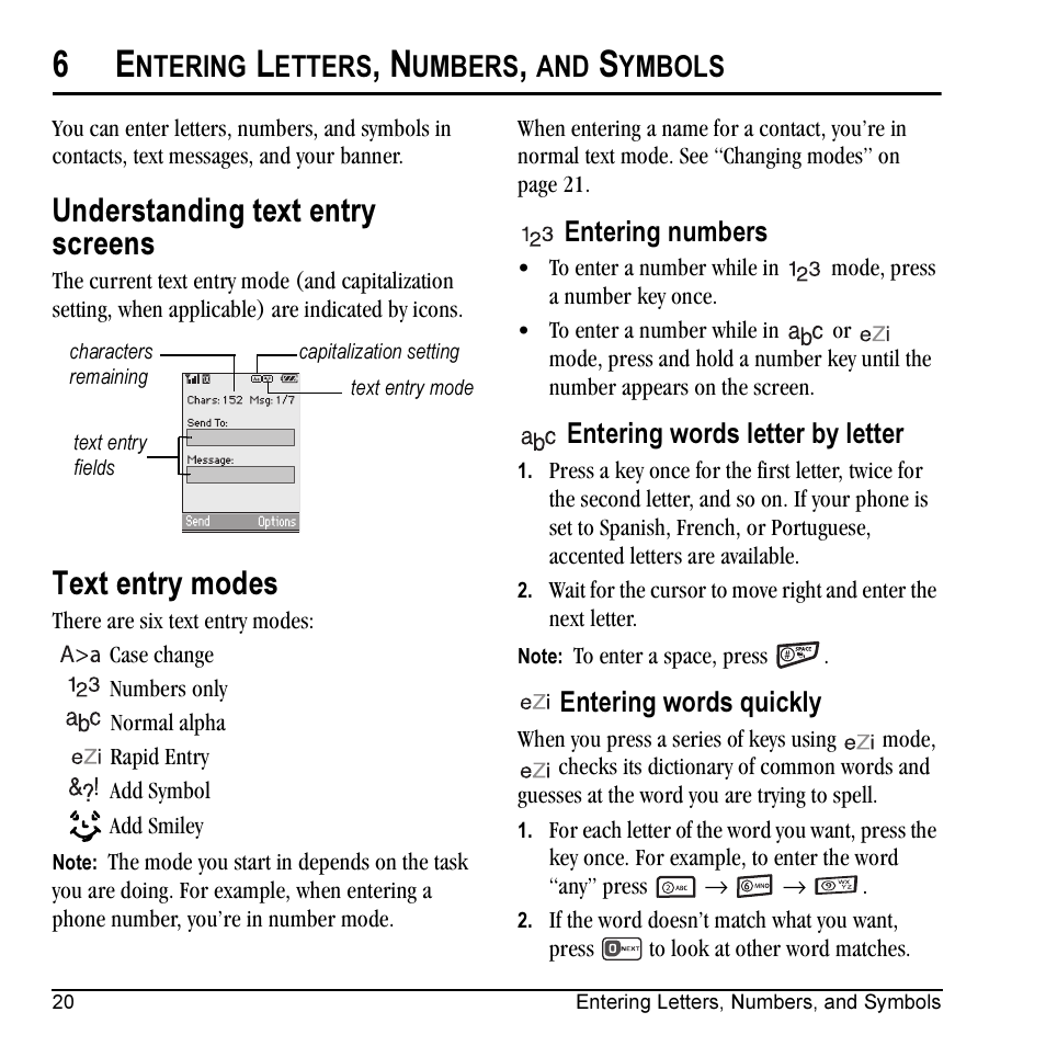 Understanding text entry screens, Text entry modes, Ntering | Etters, Umbers, Ymbols | Kyocera VMKX5C User Manual | Page 28 / 72