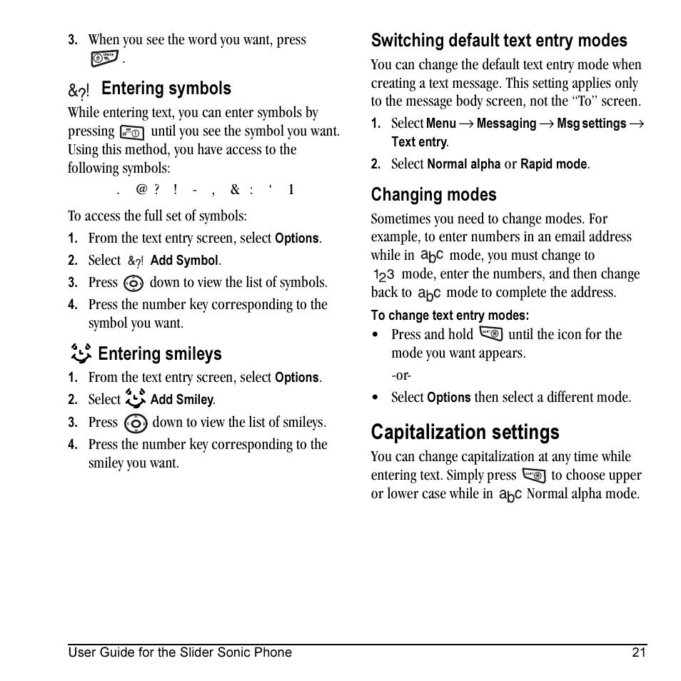 Capitalization settings, Entering symbols, Entering smileys | Switching default text entry modes, Changing modes | Kyocera VMKX5C User Manual | Page 29 / 72