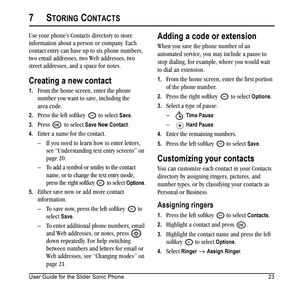 Creating a new contact, Adding a code or extension, Customizing your contacts | Toring, Ontacts, Assigning ringers | Kyocera VMKX5C User Manual | Page 31 / 72
