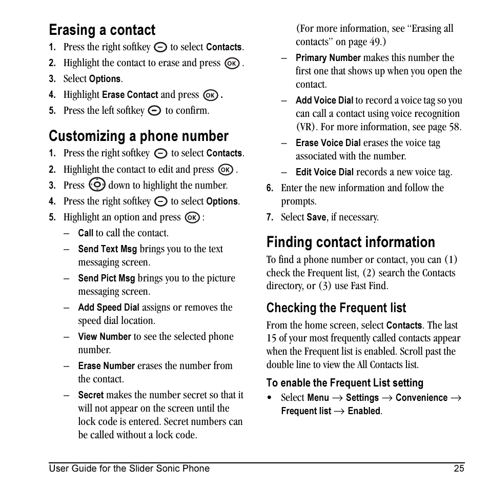 Erasing a contact, Customizing a phone number, Finding contact information | Checking the frequent list | Kyocera VMKX5C User Manual | Page 33 / 72