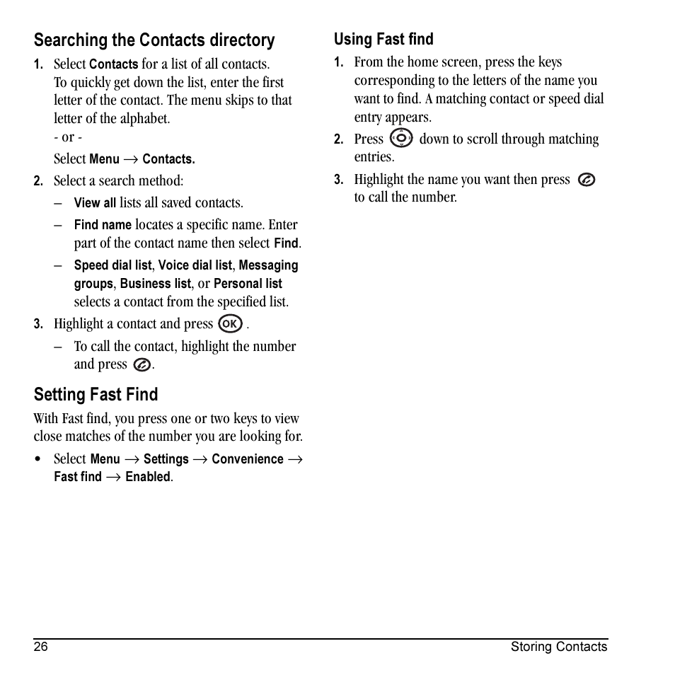 Searching the contacts directory, Setting fast find | Kyocera VMKX5C User Manual | Page 34 / 72