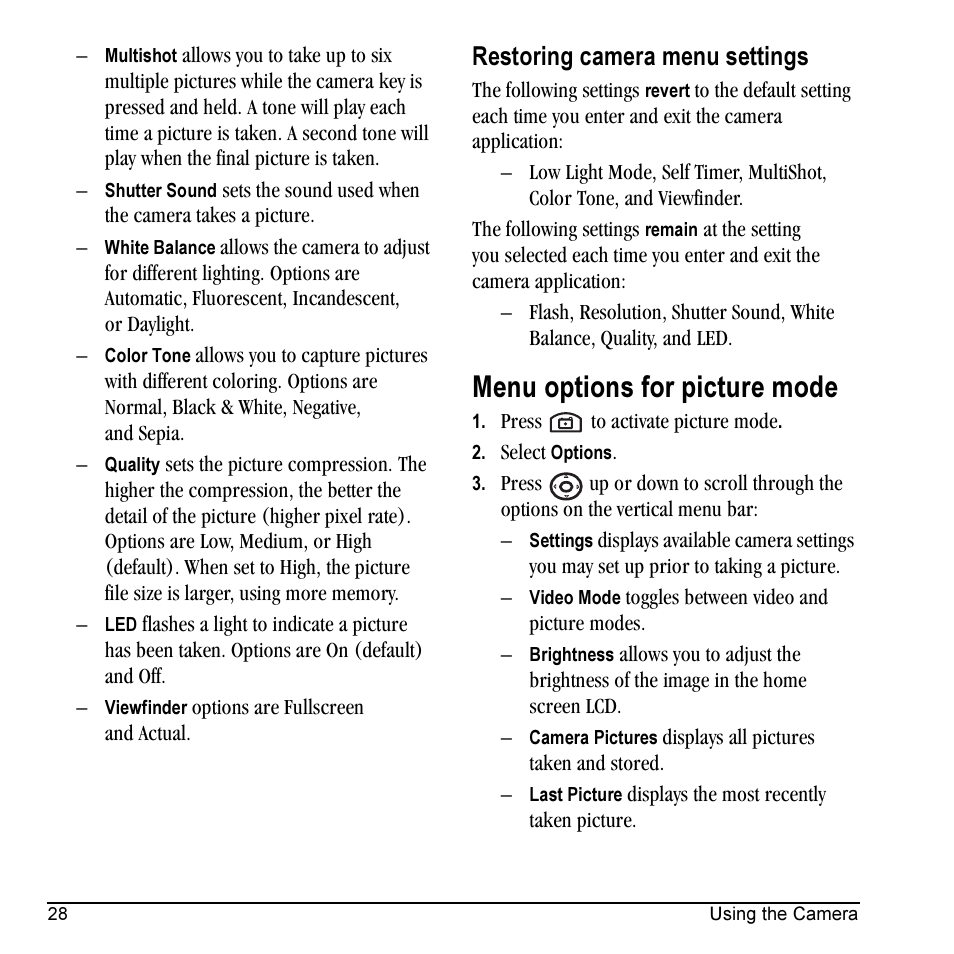 Menu options for picture mode, Restoring camera menu settings | Kyocera VMKX5C User Manual | Page 36 / 72