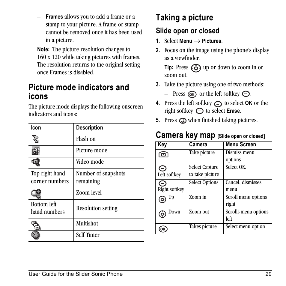 Picture mode indicators and icons, Taking a picture, Camera key map | Slide open or closed | Kyocera VMKX5C User Manual | Page 37 / 72